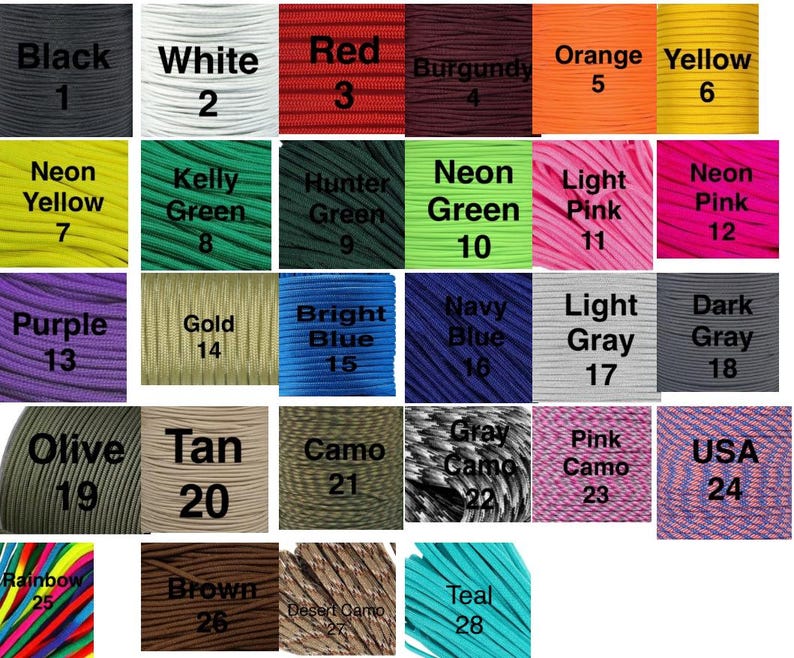 Puede incluir: Una tabla que muestra 28 colores diferentes de paracord, cada uno con un n&uacute;mero y un nombre. Los colores incluyen negro, blanco, rojo, burdeos, naranja, amarillo, amarillo ne&oacute;n, verde kelly, verde cazador, verde ne&oacute;n, rosa claro, rosa ne&oacute;n, morado, dorado, azul brillante, azul marino, gris claro, gris oscuro, oliva, marr&oacute;n, camuflaje, camuflaje gris, camuflaje rosa, EE. UU., arco&iacute;ris, marr&oacute;n, camuflaje del desierto y turquesa.