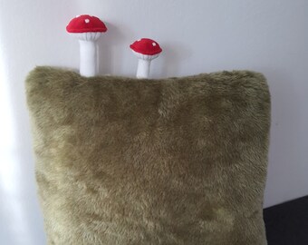 Toadstools Mushroom Pillow Green Faux Fur Fungi cushion