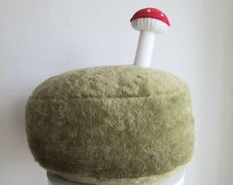 Mossy Stone Pillow with Toadstool , Green Faux Fur Fungi Cushion