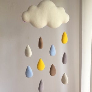 Beige Rain Cloud mobile nursery over crib décor with pastel raindrops