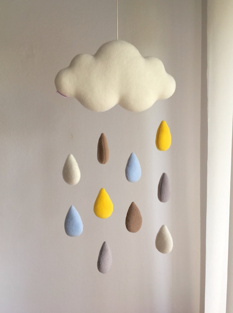 Beige Rain Cloud mobile nursery over crib décor with pastel raindrops