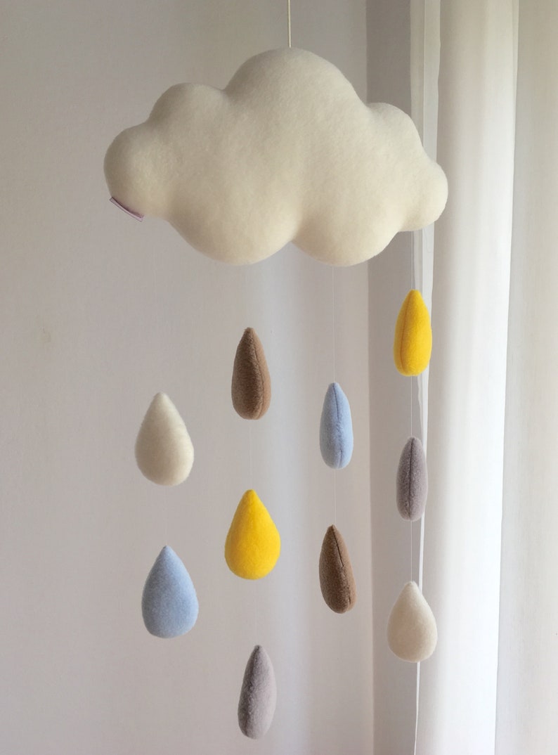 Beige Rain Cloud mobile nursery over crib décor with pastel raindrops image 4