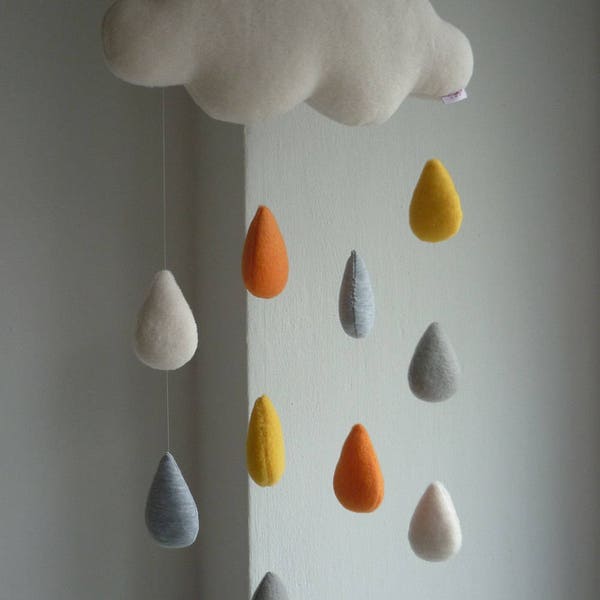Ecru Cloud Ceiling Mobile with rainbow raindrops