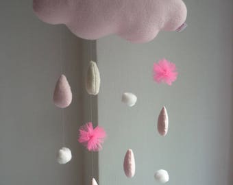 Pink nursery mobile cloud with Raindrops and snowflakes