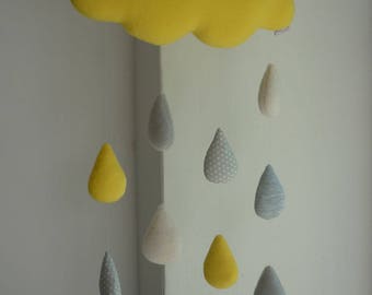 Lovely Yellow Rain Cloud mobile with greyish raindrops