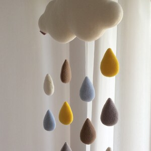 Beige Rain Cloud mobile nursery over crib décor with pastel raindrops image 2