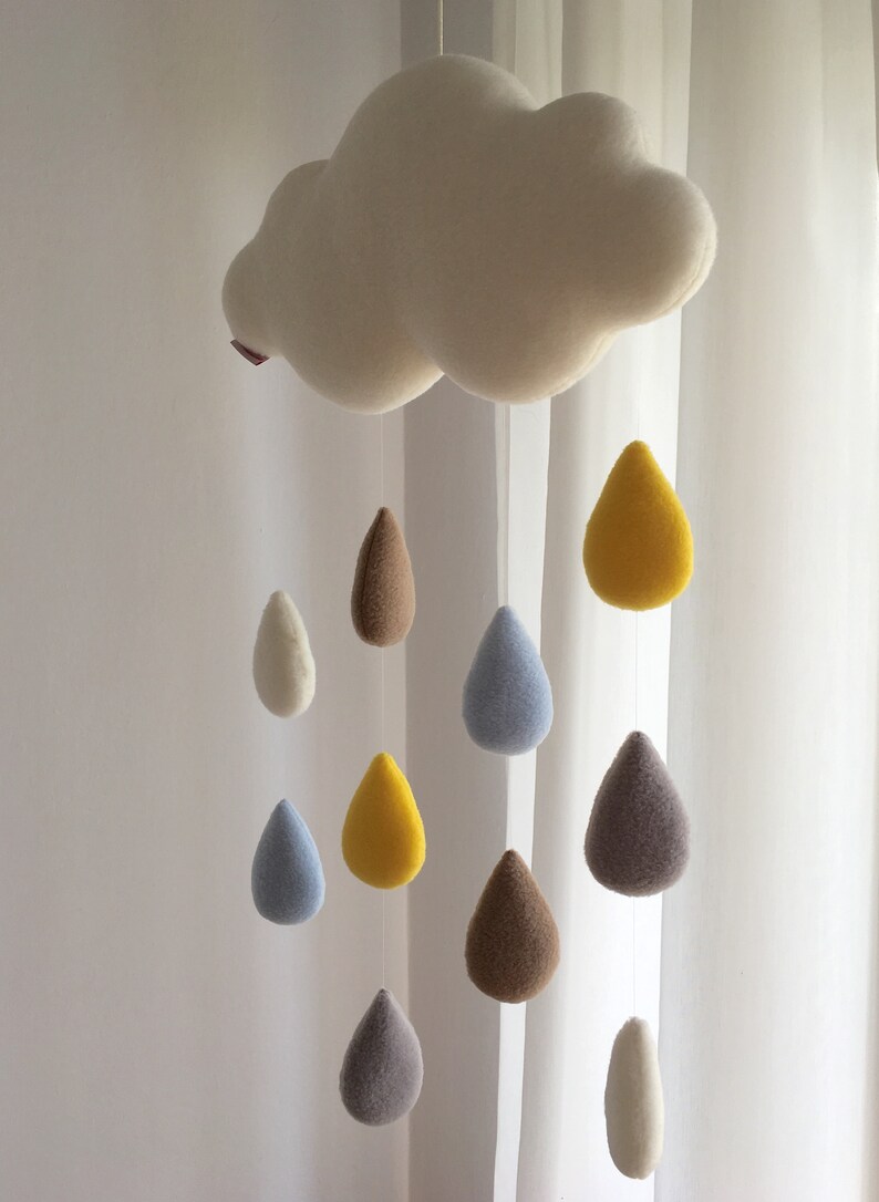 Beige Rain Cloud mobile nursery over crib décor with pastel raindrops image 2