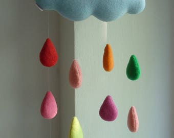 Baby Mobile Blue Cloud with colourful raindrops nursery room décor