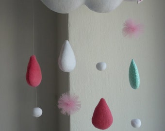 Nursery Fleece Hanging mobile cloud with snowflakes & raindrops of pink, mint and white