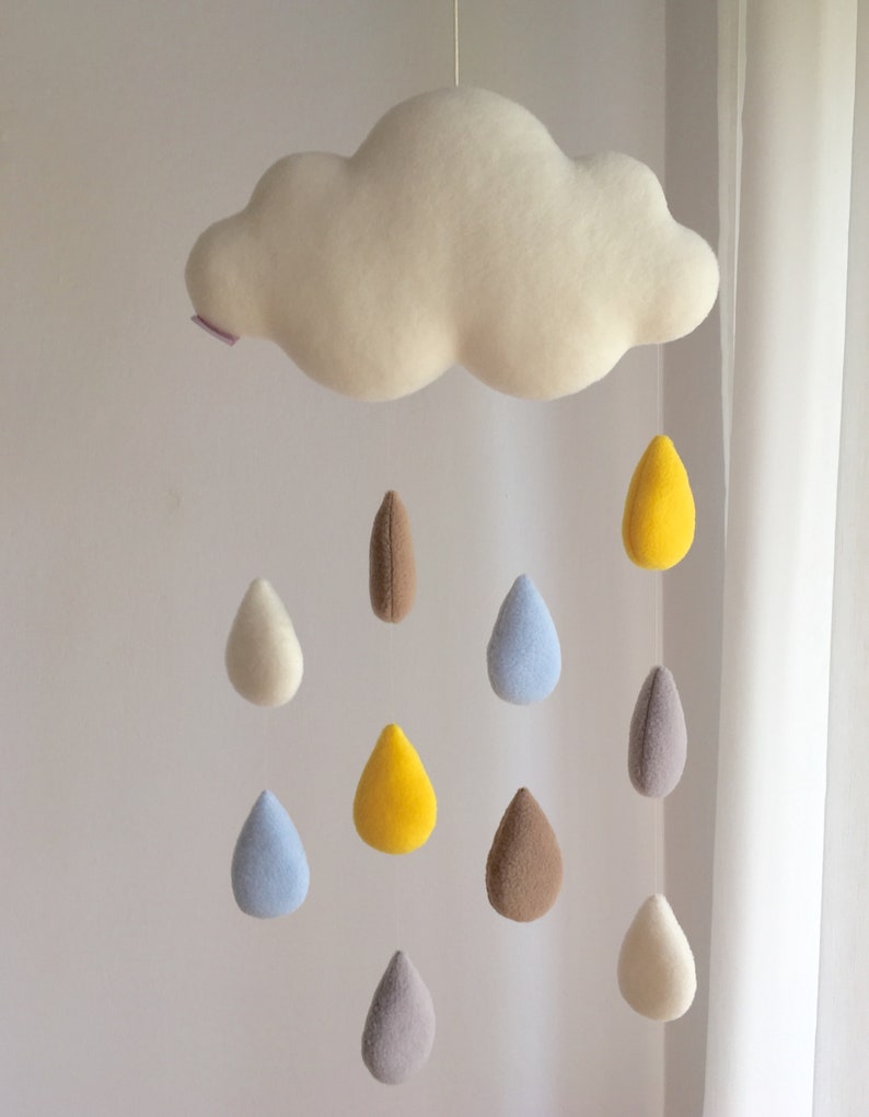 Beige Rain Cloud mobile nursery over crib décor with pastel raindrops image 6