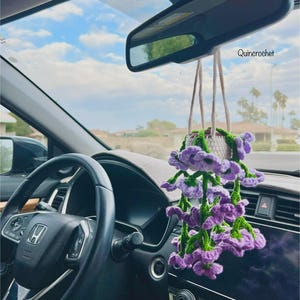 Crochet Flower Plant Car Mirror Hanging, Crochet Car Plant Hanging with Pink Flower, Car Accessories for Women, Cute Car Decor, Gift for Her