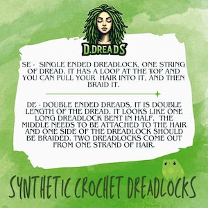 Puede incluir: Un fondo verde con el texto "D.DREADS" en blanco. El texto de abajo explica la diferencia entre las rastas de un solo extremo y las de doble extremo. El texto "SYNTHETIC CROCHET DREADLOCKS" est&aacute; en la parte inferior de la imagen.