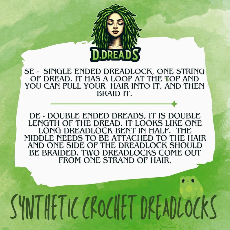Puede incluir: Un fondo verde con el texto "D.DREADS" en blanco. El texto de abajo explica la diferencia entre las rastas de un solo extremo y las de doble extremo. El texto "SYNTHETIC CROCHET DREADLOCKS" est&aacute; en la parte inferior de la imagen.