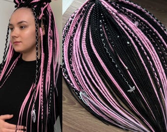 Synthetic dreadlocks Crochet dreads Black and Pink Braids Braided locks Long Hair Extensions