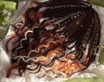 Synthetic Dreadlocks Crochet  Dreads Brown and Dark Copper Locs with Curly ends Boho Hair Extensions Full Head Set Wavy Hair