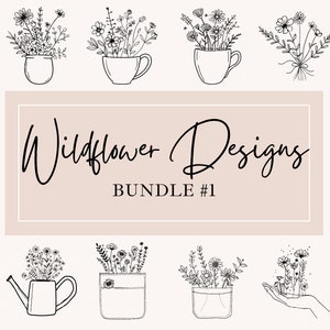 Lot de motifs de fleurs sauvages n°1 | Bouquet de fleurs clipart, arrosoir, tasse de thé, pochette, main, pot de fleur, bouquet | Dessin au trait SVG et PNG