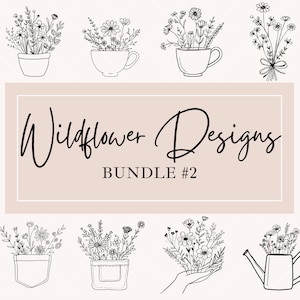 Lot de motifs de fleurs sauvages n° 2 | Bouquet de fleurs clipart, arrosoir, tasse de thé, pochette, main, pot de fleur, bouquet | Dessin au trait SVG et PNG