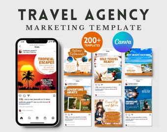 Plantilla de marketing en redes sociales para agencias de viajes, plantilla de carrusel de Instagram para agencias de viajes, plantilla Canva para agencias de viajes
