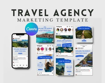 Plantilla de marketing para agencias de viajes, plantilla de marketing en redes sociales para agencias de viajes, plantilla de Instagram para agencias de viajes, plantilla Canva
