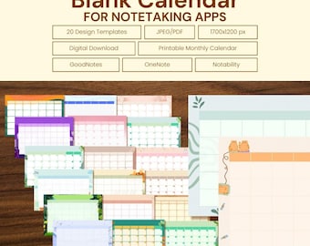 Calendario en blanco sin fecha, imprimible, de descarga instantánea, para GoodNotes, OneNote, Notability, planificador mensual, calendario.