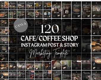120 Cafe Publicación de Instagram Cafetería Publicación de Instagram Plantilla de historia de Instagram, Plantilla de marketing de FB para cafetería Publicación de IG Plantilla Canva