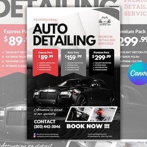 Folheto de detalhamento de carro, design de modelo de folheto de detalhamento de automóveis, folheto de lavagem de carro, folheto de lavagem de carro, folheto de marketing, modelo de folheto de negócios de carro