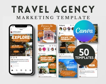 Plantilla de marketing en redes sociales para agencias de viajes, plantilla de carrusel de Instagram para agencias de viajes, plantilla Canva para agencias de viajes