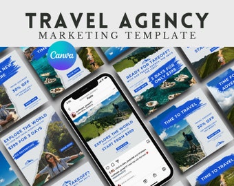 Plantilla de marketing para agencias de viajes, plantilla de marketing en redes sociales para agencias de viajes, plantilla de Instagram para agencias de viajes, plantilla Canva