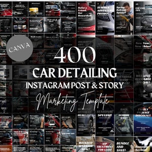 以下が含まれることがあります： 車のディテーリングビジネス向けのInstagram投稿とストーリーのテンプレート400個のコラージュ。テンプレートは、「週末フラッシュセール！」や「サマーアドベンチャー промо」など、テキストオーバーレイを付けたさまざまなデザインを採用しています。