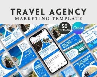 Plantilla de marketing en redes sociales para agencias de viajes, plantilla de carrusel de Instagram para agencias de viajes, plantilla Canva para agencias de viajes