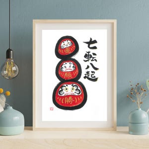Daruma Printable Art – Illustrazione Zen di sette cascate, otto salite