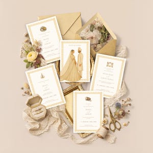May include: An assortment of wedding invitations with gold accents, featuring illustrations of a couple and decorative elements. The invitations are arranged with a ring box, flowers, and lace on a neutral background.