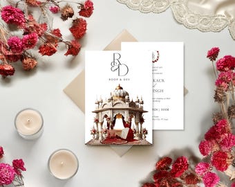 Può includere: Un invito di nozze con sfondo bianco e un'illustrazione dorata e bianca di una cerimonia di matrimonio tradizionale indiana. L'invito include i nomi "Roop & Dev" e il testo "Si prega di unirsi a noi per celebrare il nostro matrimonio".