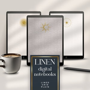 May include: Three digital notebooks with linen textured covers. The notebooks have different designs: a sun, a crescent moon, and a star. The text on the front of the notebooks reads "LINEN digital notebooks LINED GRID PLAIN".