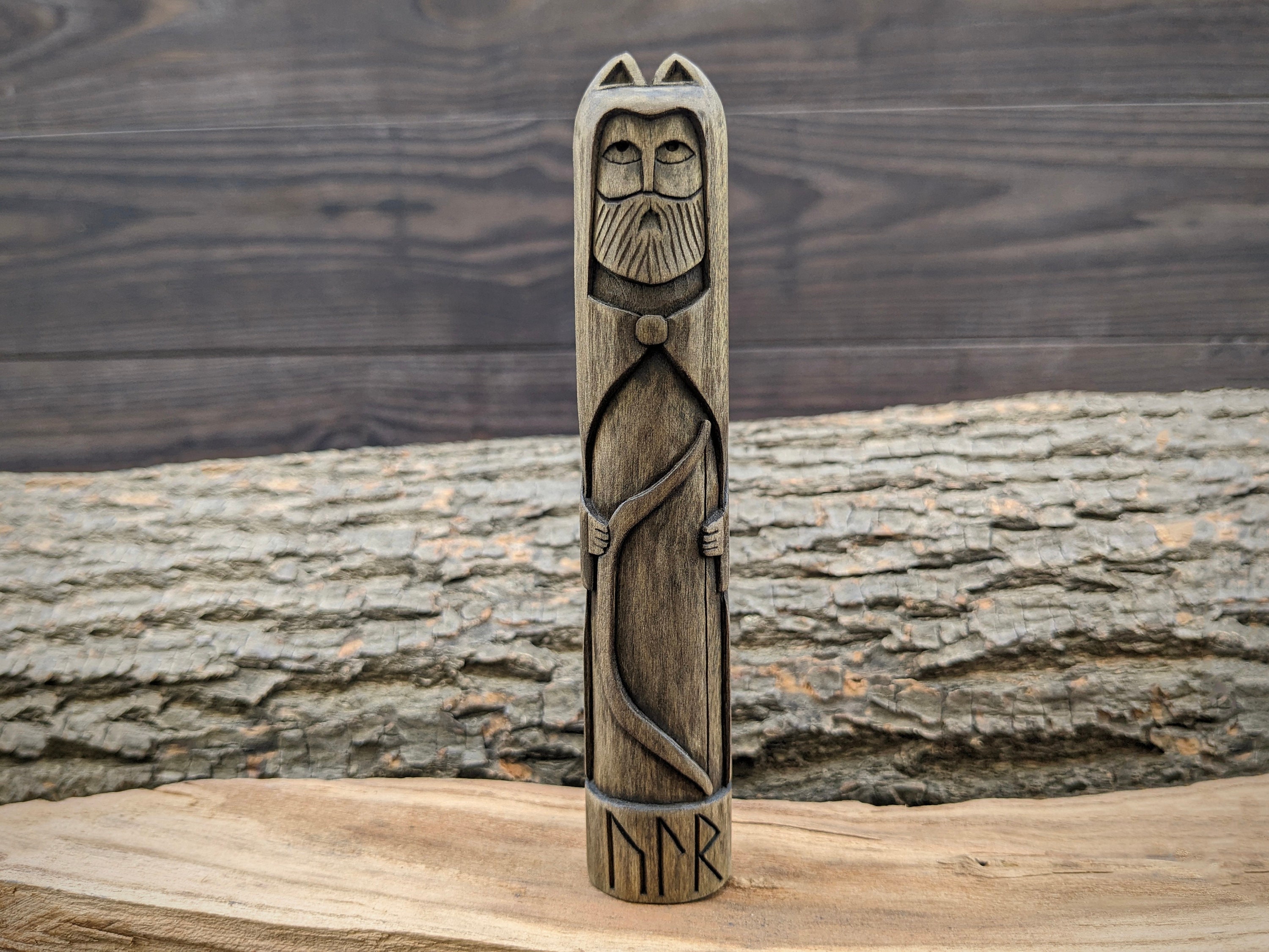 Scandinavian God - Ullr. Wooden gods sculpture. Norse pantheon. Mythology altar. Ull statue.