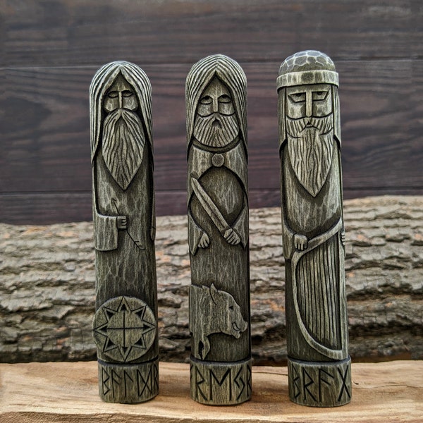 Scandinavian Gods set. Baldr, Freyr, Bragi. Wooden gods sculpture. Norse pantheon. Mythology altar. Balder statue.