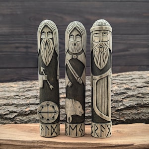 Scandinavian Gods set. Baldr, Freyr, Bragi. Wooden gods sculpture. Norse pantheon. Mythology altar. Balder statue.