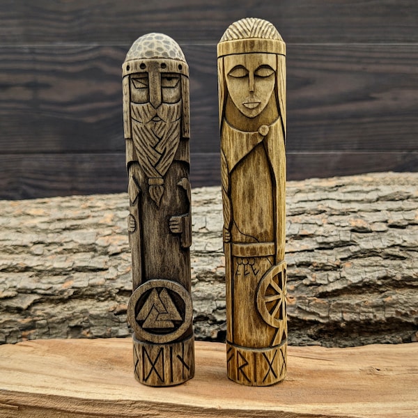 Scandinavian Gods set. Odin and Frigg. Wooden gods and goddesses sculpture. Norse pantheon. Mythology altar. Wotan statue.