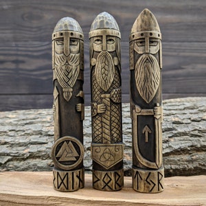 Hand Carved Odin, Thor, Tyr Wood Statue - North Gods figurines