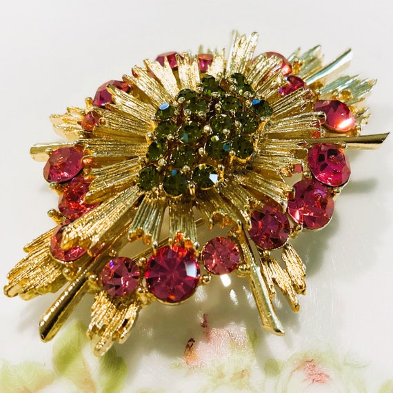 LISNER Atomic Burst Pink & Green Rhinestone Brooch