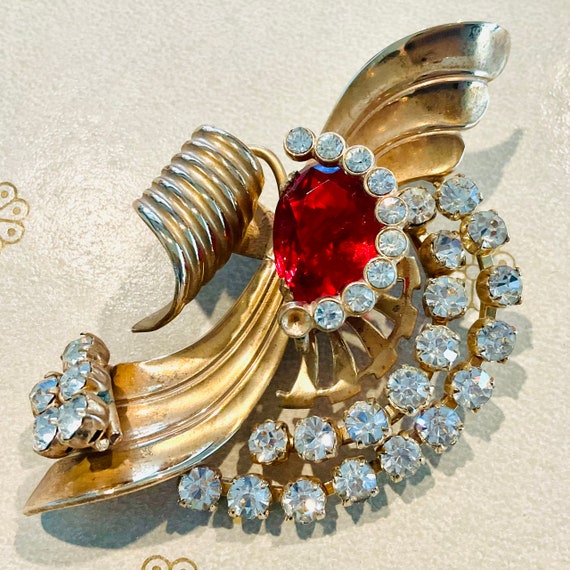 Retro Ruby Red & Clear Rhinestone Brooch - image 1