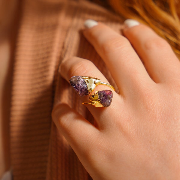 Amethyst-Ring, 14 K vergoldeter Ring, handgefertigter Goldschmuck, Edelstein-Ring, großer Amethyst-Edelstein-Ring