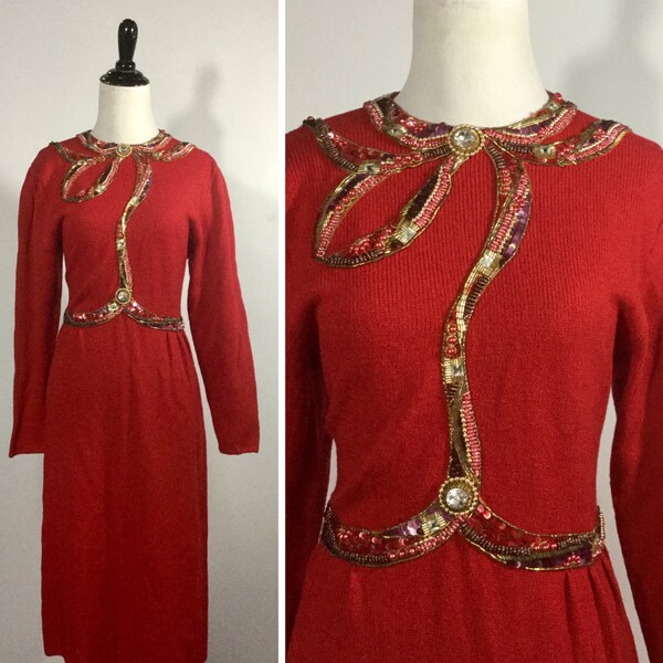 Red Sweater Dress - Beaded and Sequin Applique Neckline, Bust, Waist - Bright Red Knit - Gold Beading and Rhinestones - Vintage 80s Medium