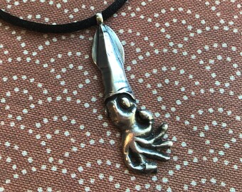 SQUID Necklace Sterling Silver Cool Original Design Artist Made Funky Carved Squid Silver Necklace Pirate Ship Treasure Deep Sea Creature