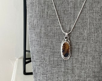 Scenic Agate Gemstone Necklace With Floral Back Handmade Artisan Jewelry Nature Inspired Art Pendant Oxidized Silver With Chain