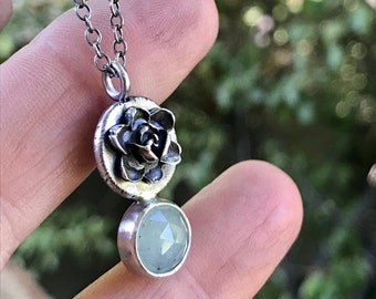 Aquamarine Necklace Sterling Silver Handmade OOAK Flower Pendant Rose Cut Gemstone March Birthstone Oxidized Silver Jewelry