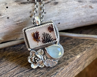 NEW! Scenic Agate And Aquamarine Flower Gemstone Pendant With Matching Oxidized Chain Handmade OOAK Artisan Jewelry Nature Inspired