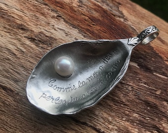 OYSTER Romantic Gift Great For Valentine's Day Or Bride Sterling Silver Two Sided Necklace White Cultured Pearl One Of A Kind Hand Engraved