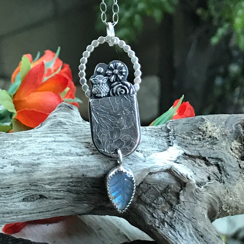 Labradorite Owl Necklace Sterling Silver Handmade OOAK Carved Leaf Stone Pendant On Chain Barn Owl Moon Flowers Floral Artisan Jewelry image 4