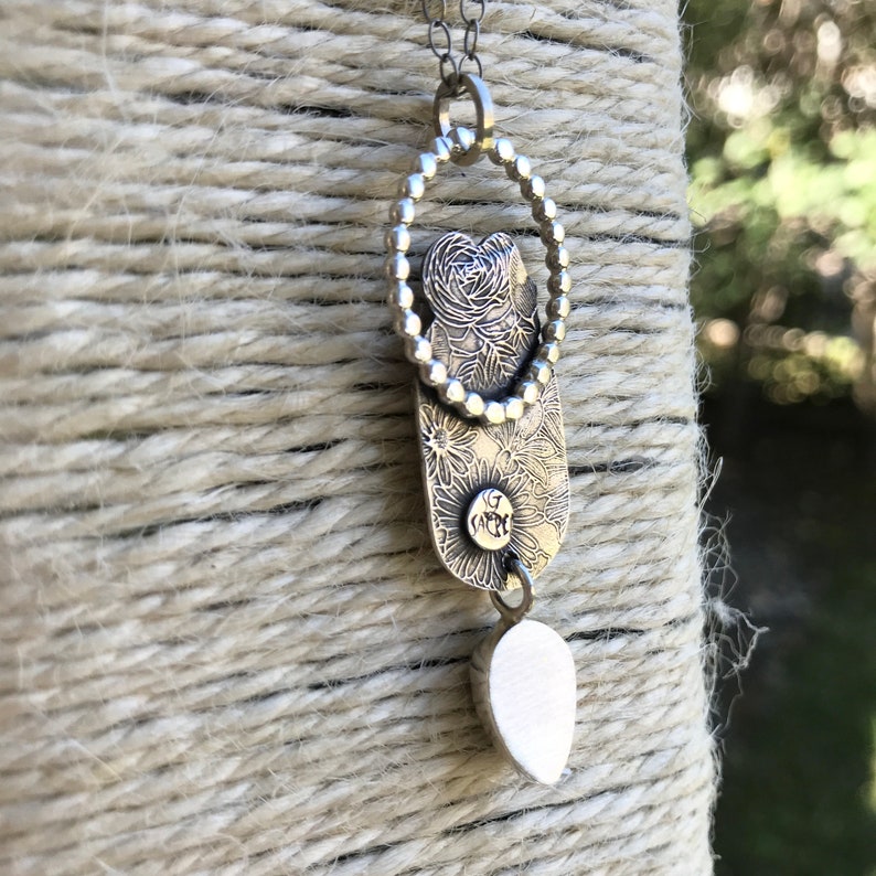 Labradorite Owl Necklace Sterling Silver Handmade OOAK Carved Leaf Stone Pendant On Chain Barn Owl Moon Flowers Floral Artisan Jewelry image 6